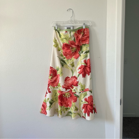 Ann Taylor floral midi dress with ruffle hem, lined, and spaghetti tie straps - Picture 4 of 7